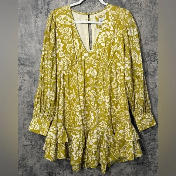 Anthropologie long sleeve v neck cotton dress olive tones green dress yellow - Picture 10 of 16